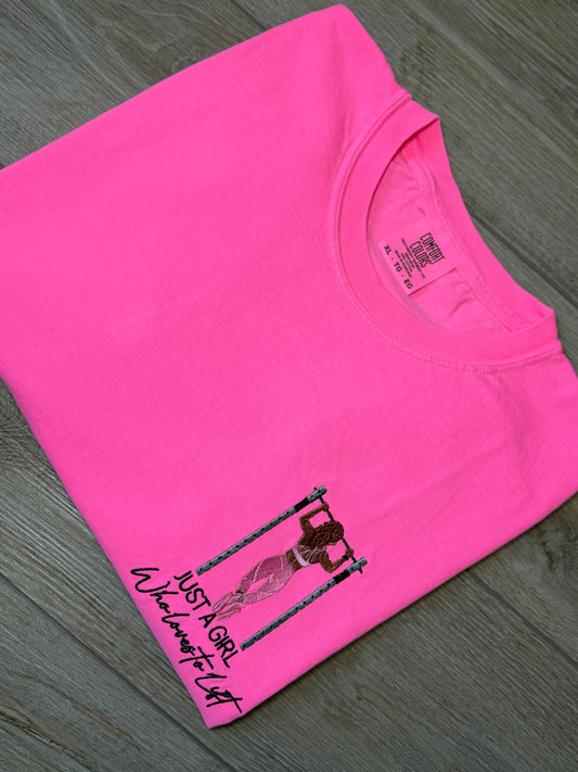 Just A Girl Who Loves to Lift Tee | Pink Gym Shirt | Women’s Fitness Embroidered Tee